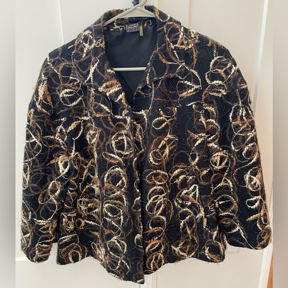 Vintage embroidered blazer open jacket Casual Studio black tan large rare uniq